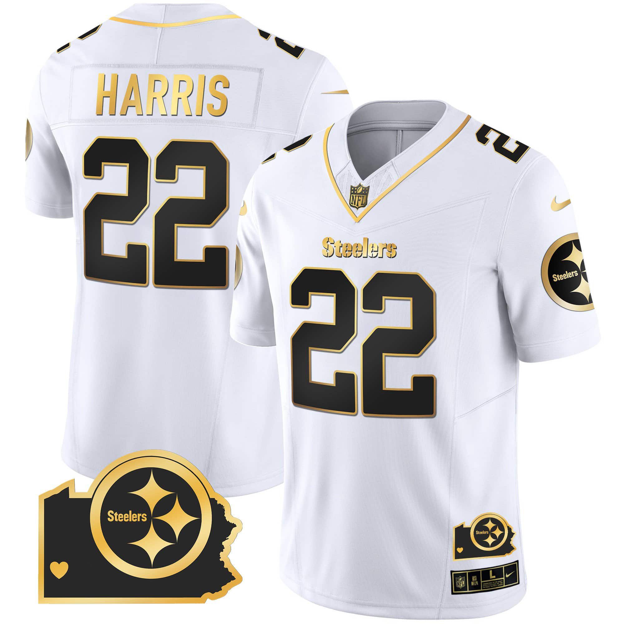 Men Pittsburgh Steelers #22 Harris White Gold 2024 Nike Home Patch Vapor Limited NFL Jersey